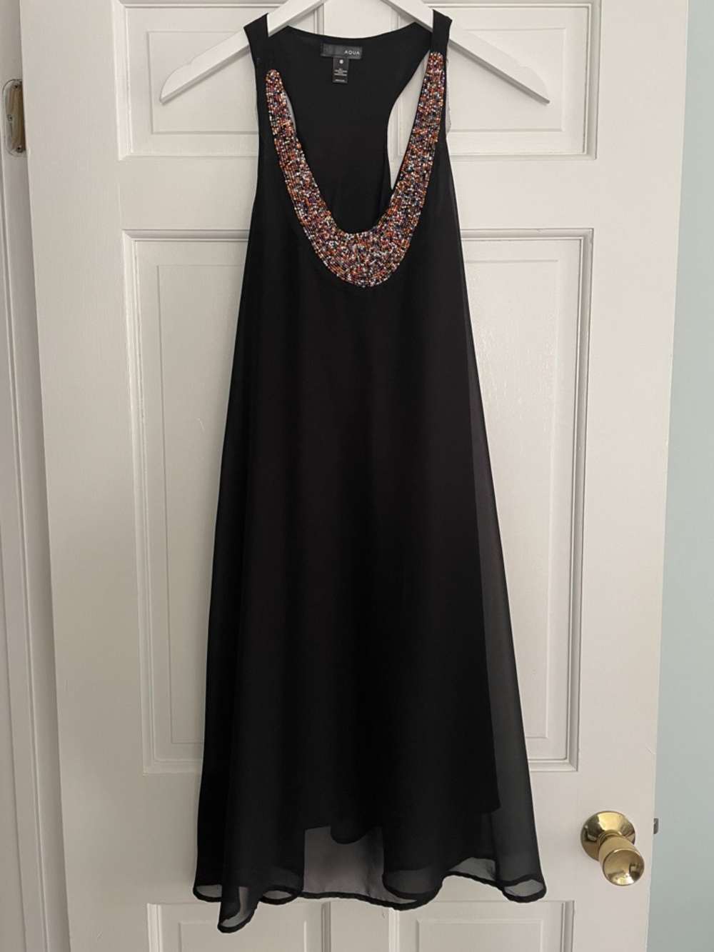Aqua Black Beaded Neckline Evening Dress